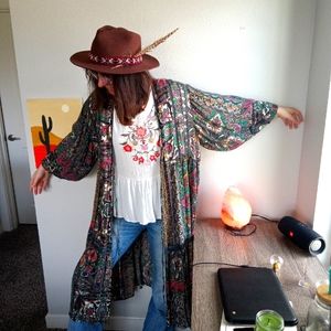 Women's Long Sleeve Lightweight Duster size S Angie Green Bohemian